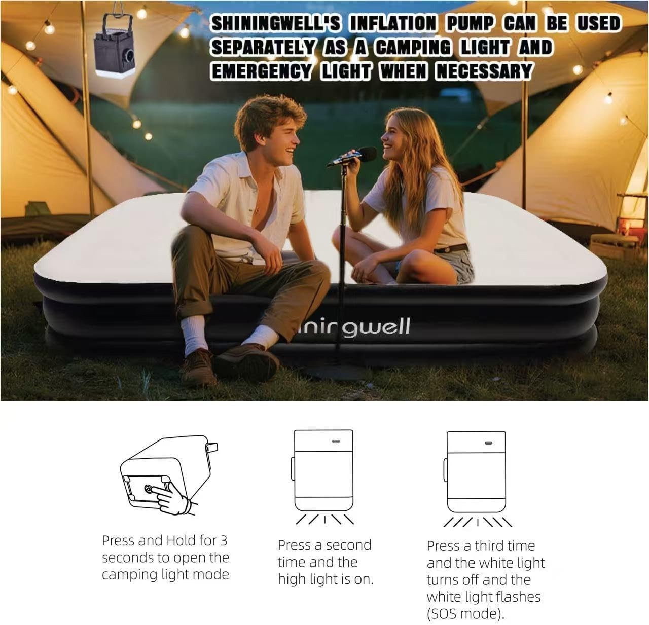 Double Air Mattress with Built-In Pump, Flocked Surface & Carry Bag