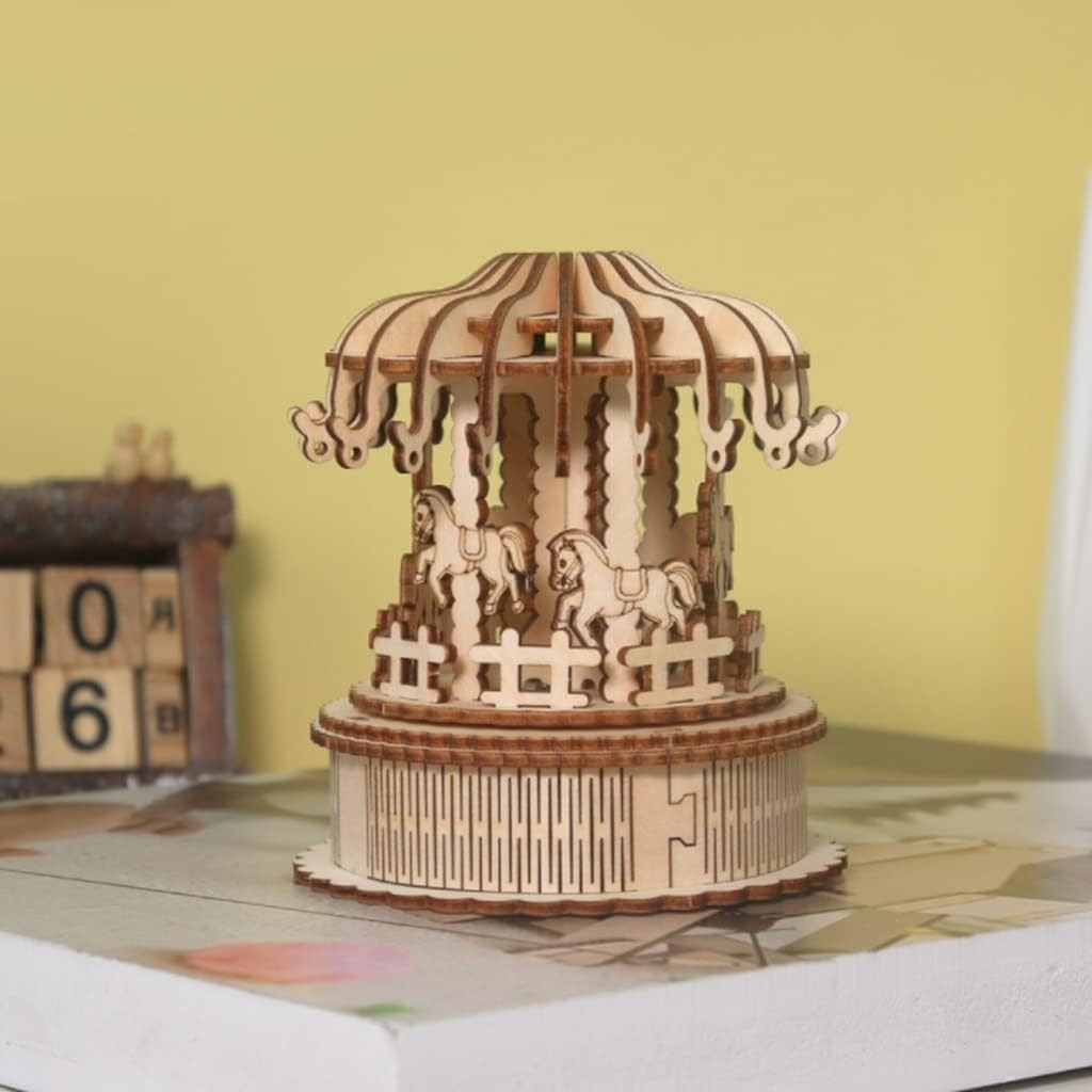 Romantic DIY Mechanical Carousel Music Box Kit | 46pcs Wood Model Gift