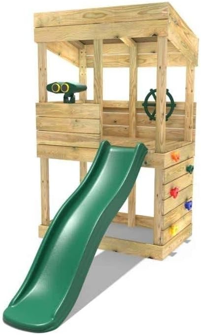 Wooden Kids Lookout Tower Playhouse Outdoor w 6ft Slide Climbing Wall