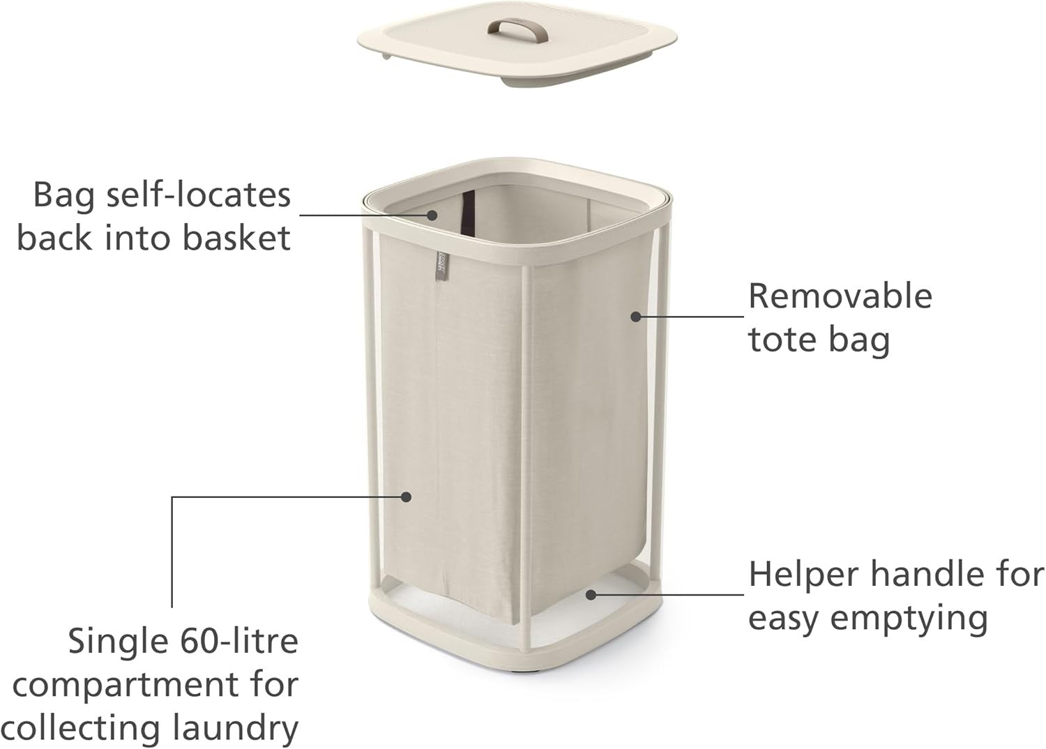 60L Laundry Basket with Lid Single Compartment Removable Tote Bag Ecru Modern