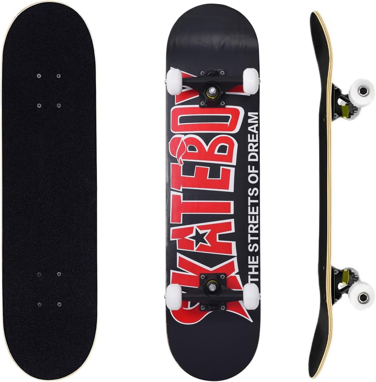 31" Skateboard Maple Deck Double Kick Kids Adults Beginner w/ T-Tool Black Red