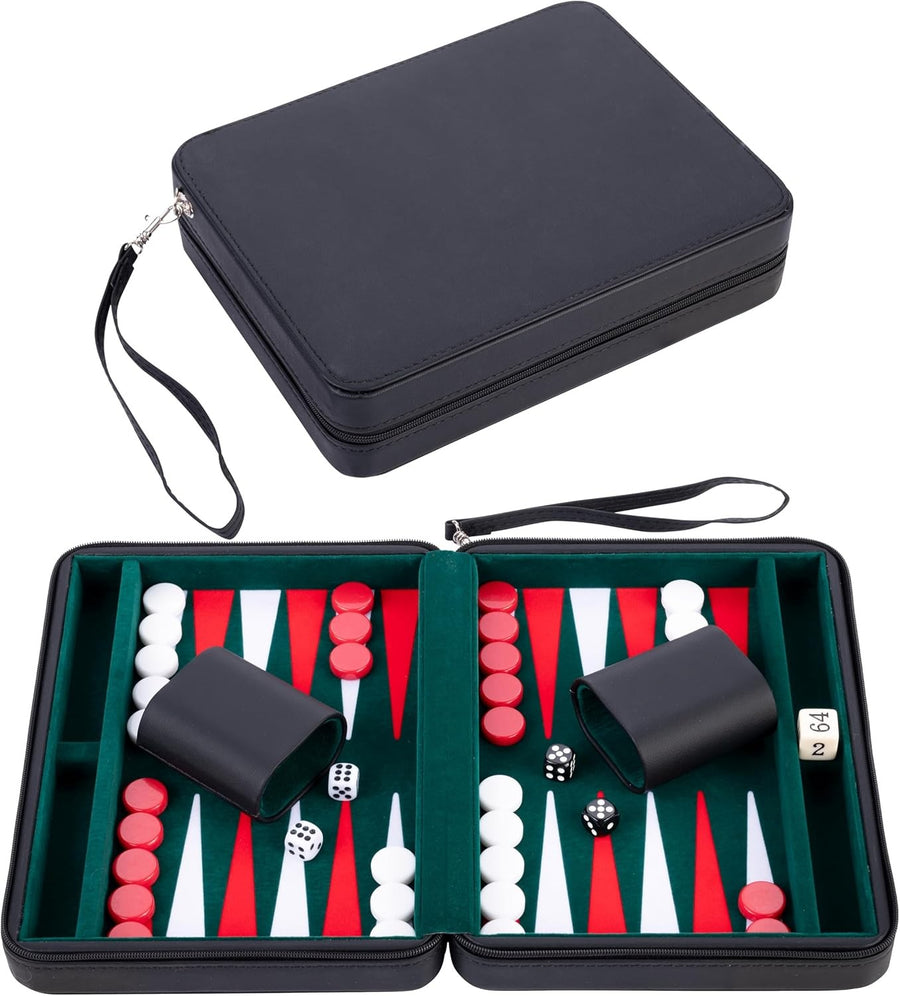 Travel Backgammon Set 9in Deluxe Faux Leather Zip Portable Board Game