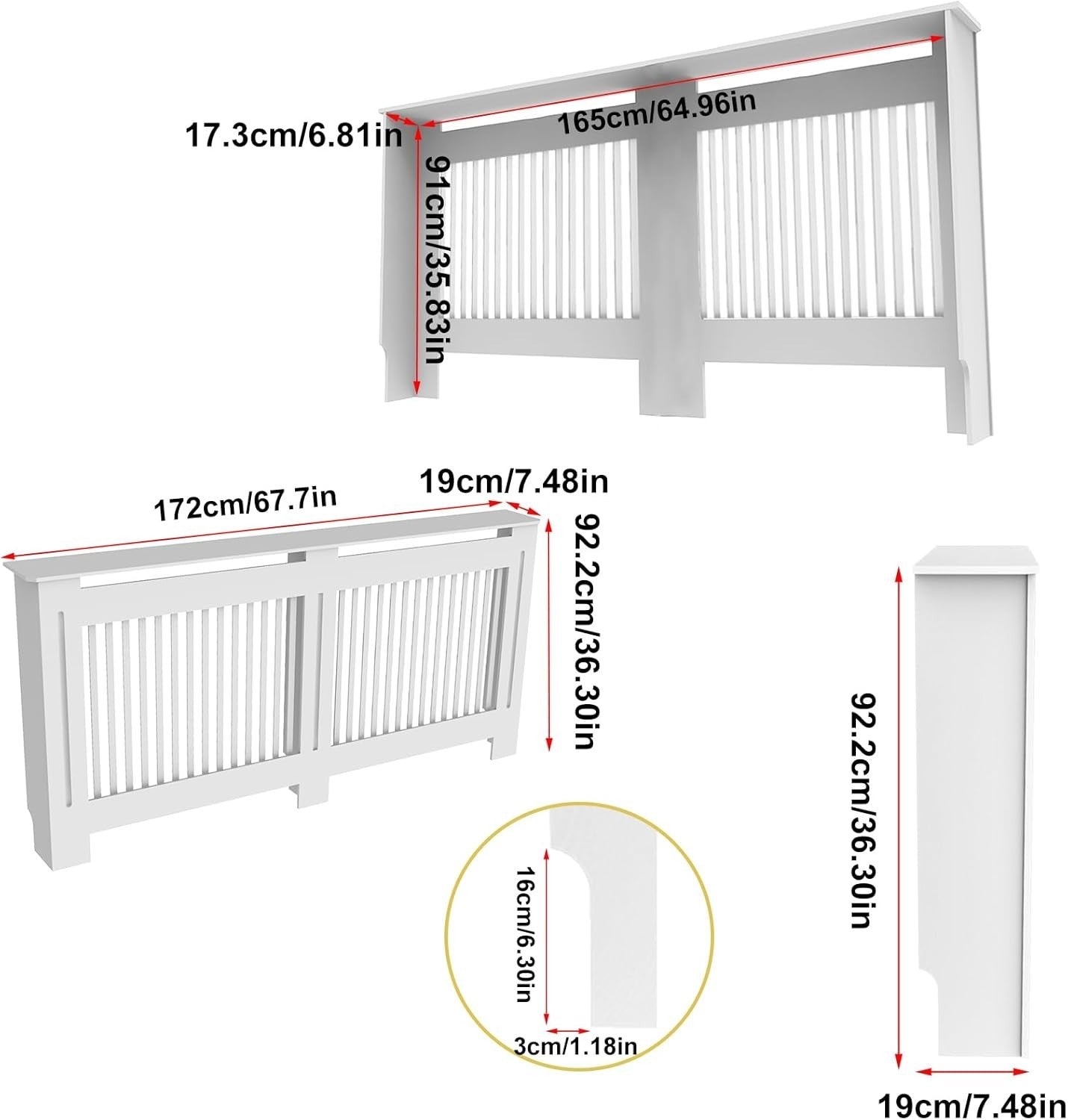 Extra Large White Radiator Cover Cabinet 92cm MDF Vertical Slatted Heater Shelf