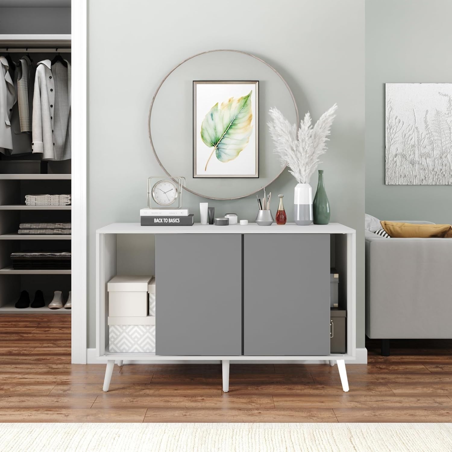 Grey Sliding Door Sideboard White Frame Cabinet Storage Modern Unit