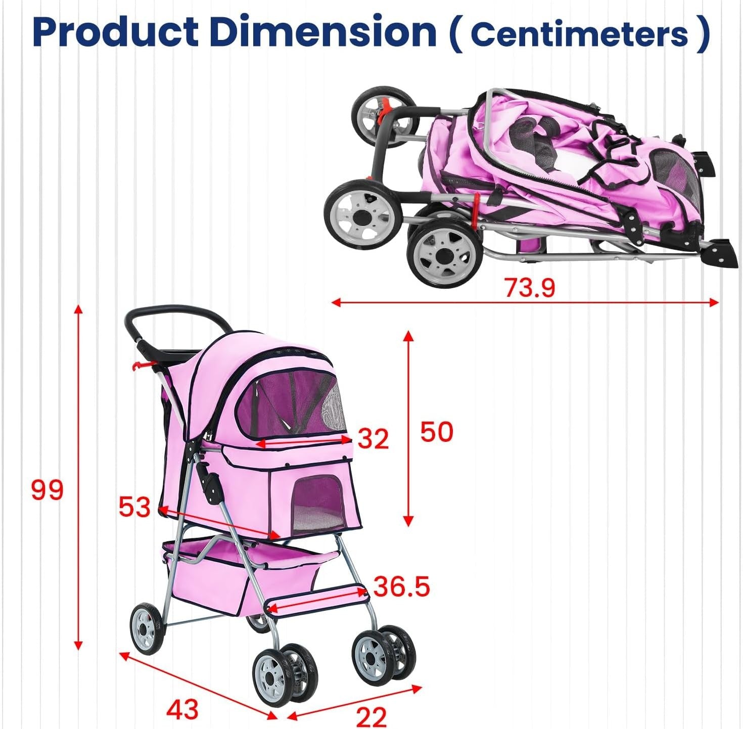 Pet Stroller Dog Cat Pushchair 4 Wheel Foldable Travel Carrier Mesh Pink