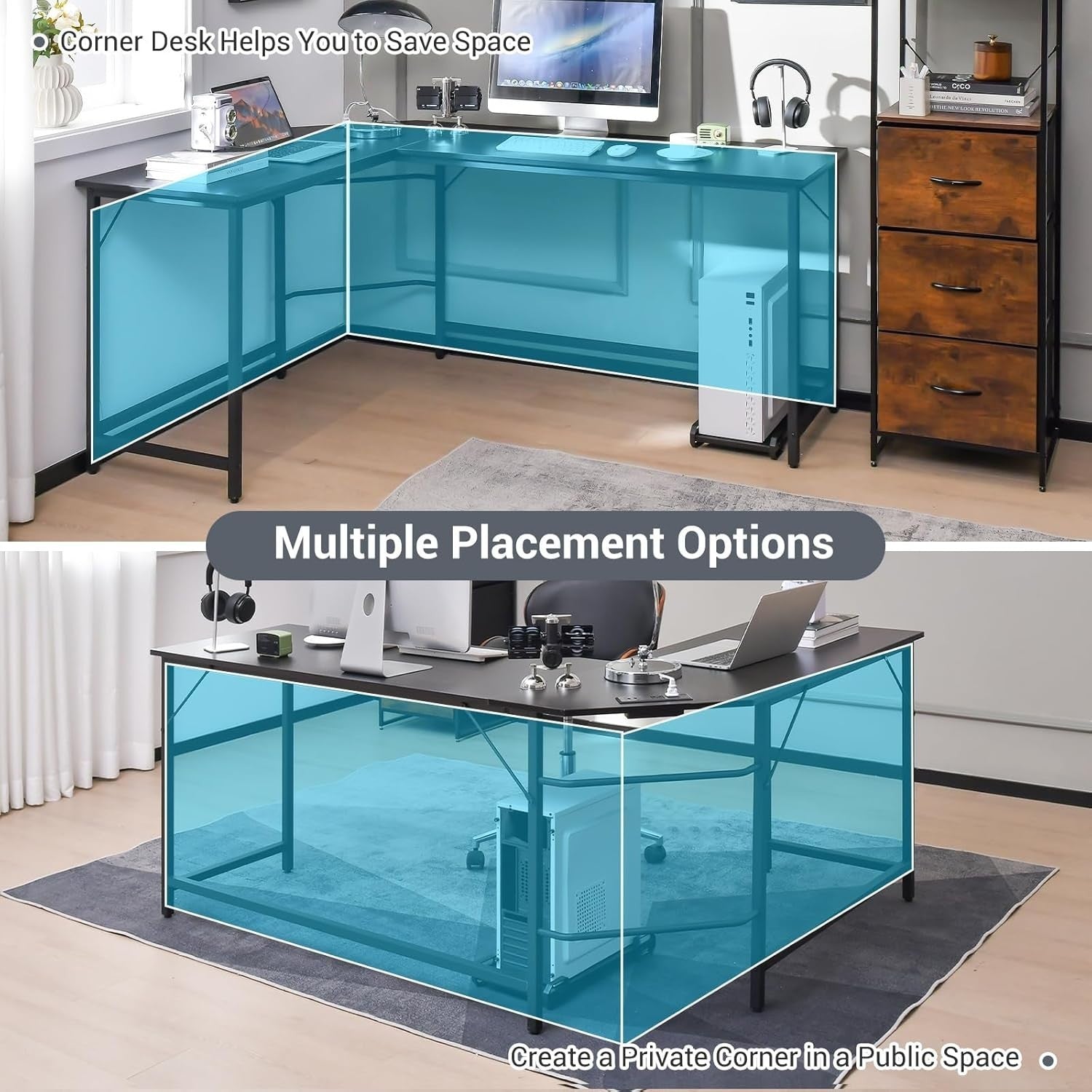 Black L-Shaped Desk 168cm Corner Computer Table with CPU Stand Office