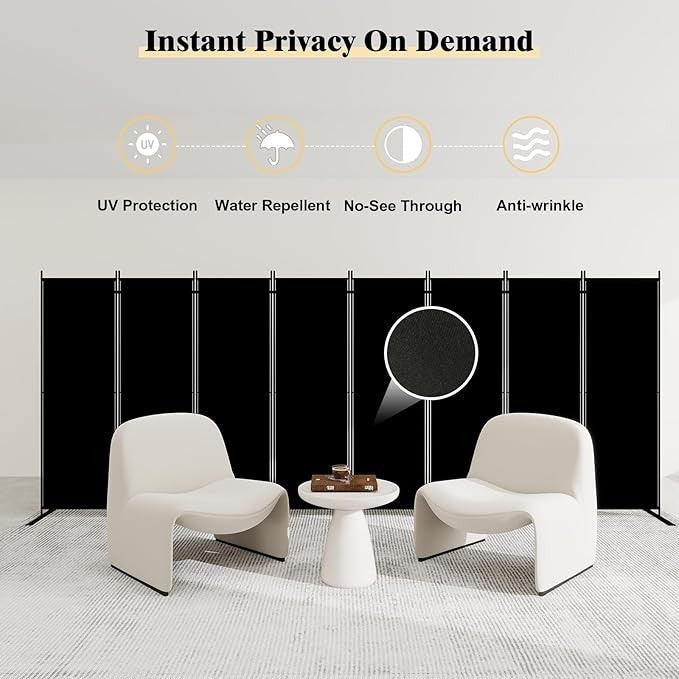 8-Panel Folding Room Divider 6ft Black Privacy Screen Wall for Home Office