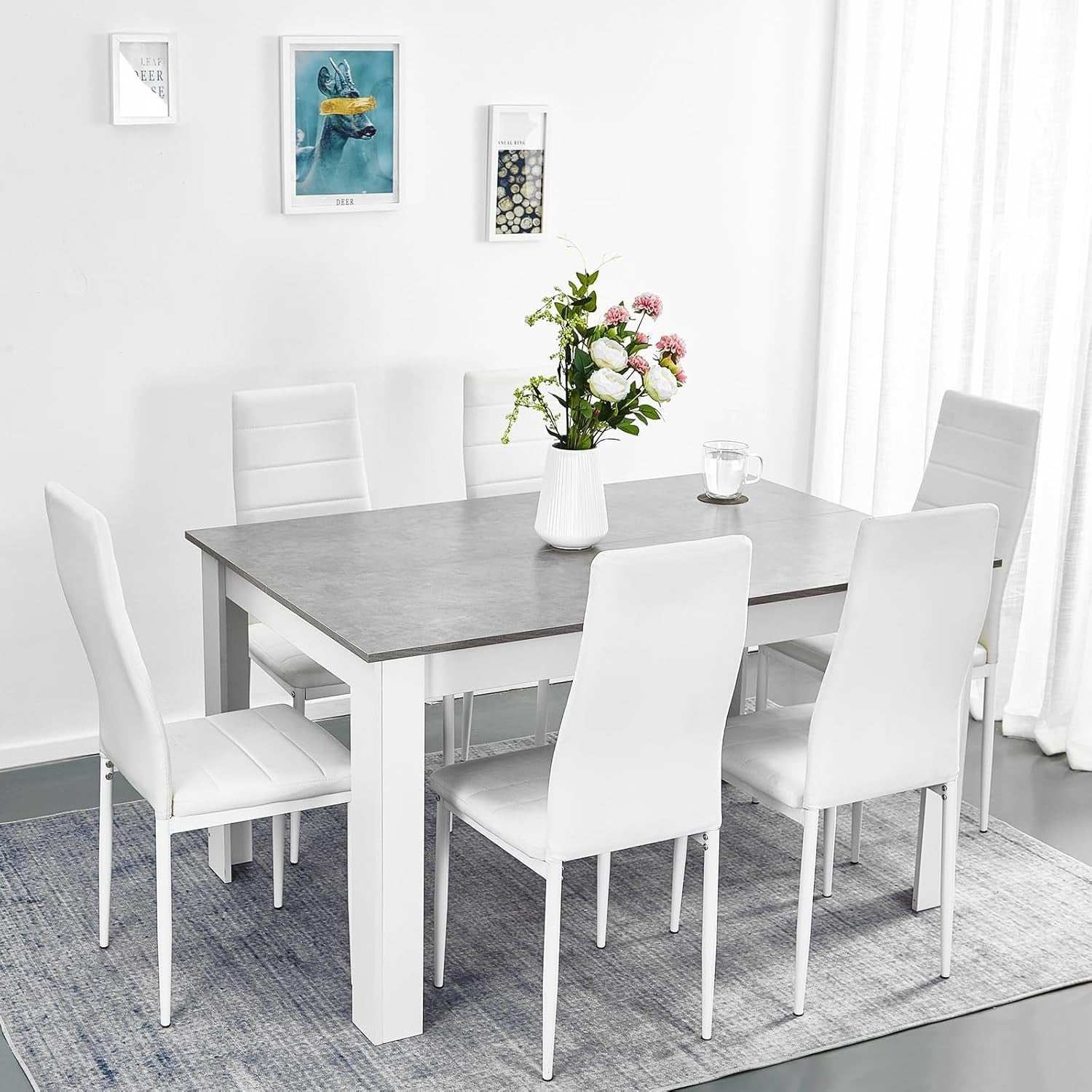 Dining Table Set 6 Grey Oak Faux Leather Chairs Modern Kitchen Home
