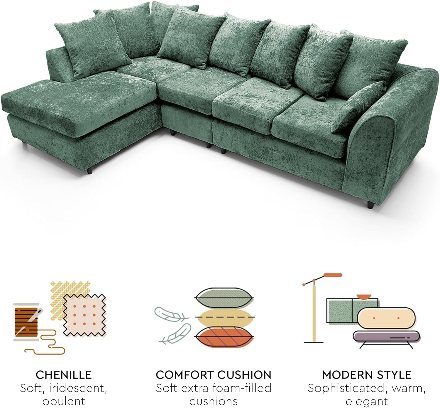 Large Green Chenille Corner Sofa – Modern L Shape 5 Seater Couch w/ Covers