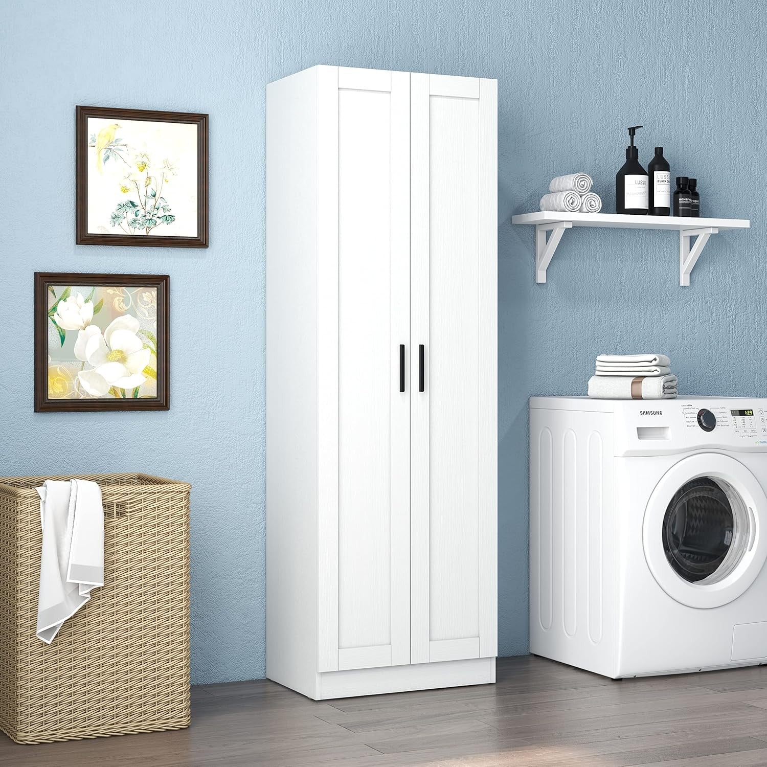 Tall White Storage Cupboard 2 Door Wooden Cabinet with Adjustable Shelves
