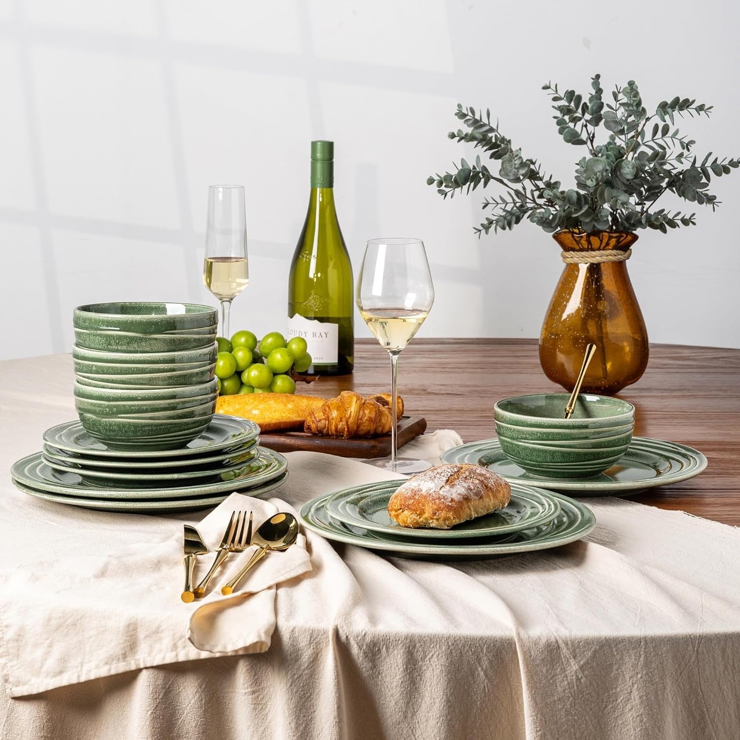 12 Piece Stoneware Dinner Set Plates Bowls Reactive Glaze Dishwasher Safe