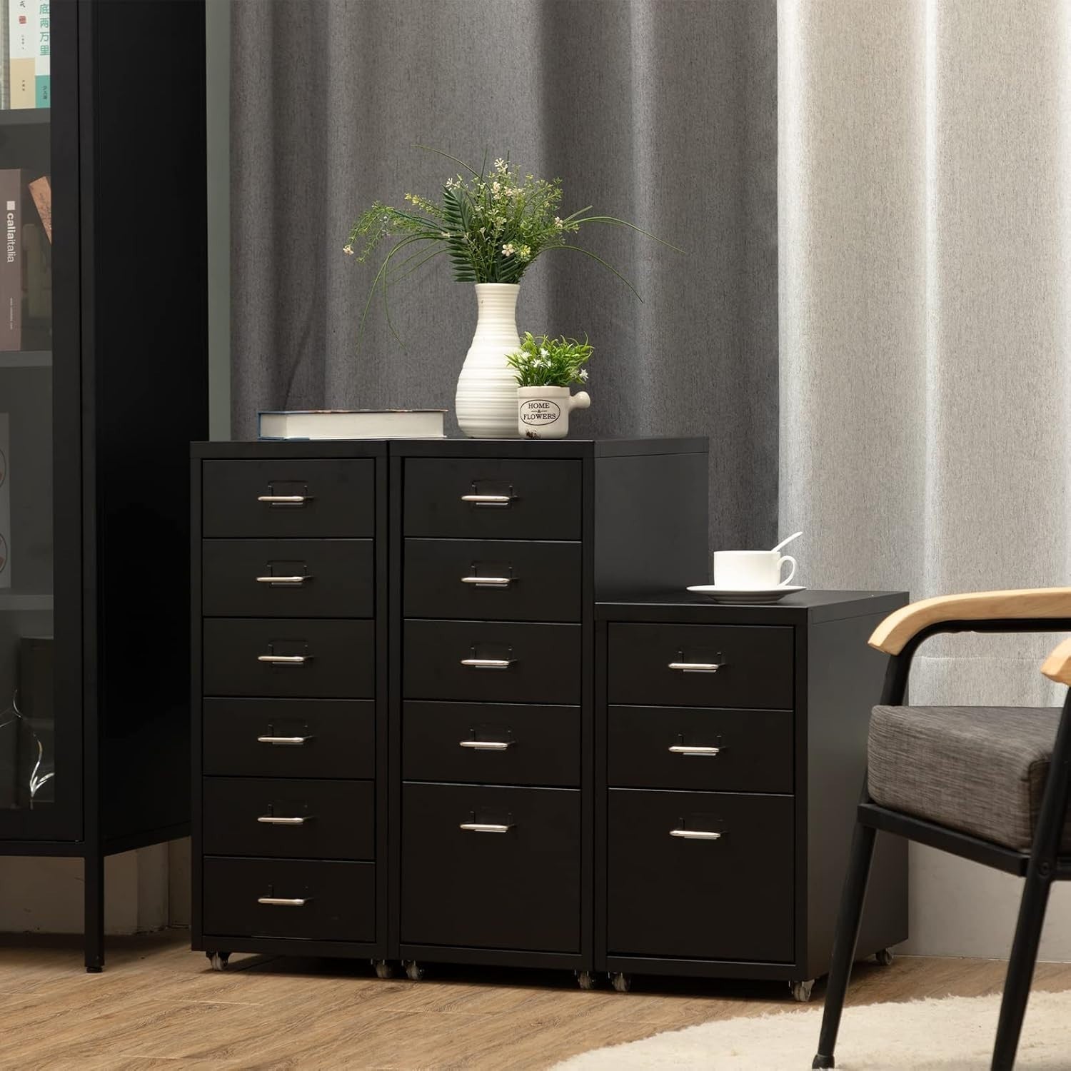 Black Metal Rolling Drawer Cabinet 5 Tier Mobile Office Storage