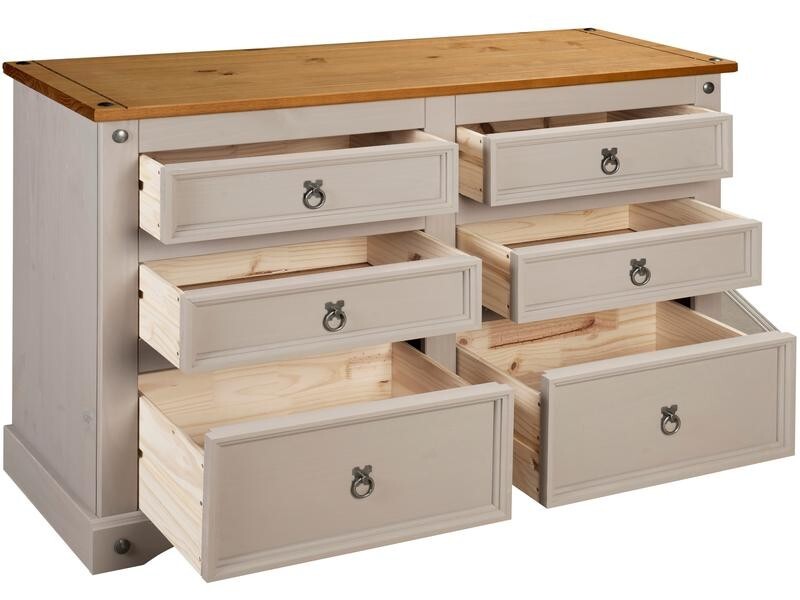 Grey 6 Drawer Chest Solid Pine Rustic Sideboard Bedroom Storage Unit 132cm