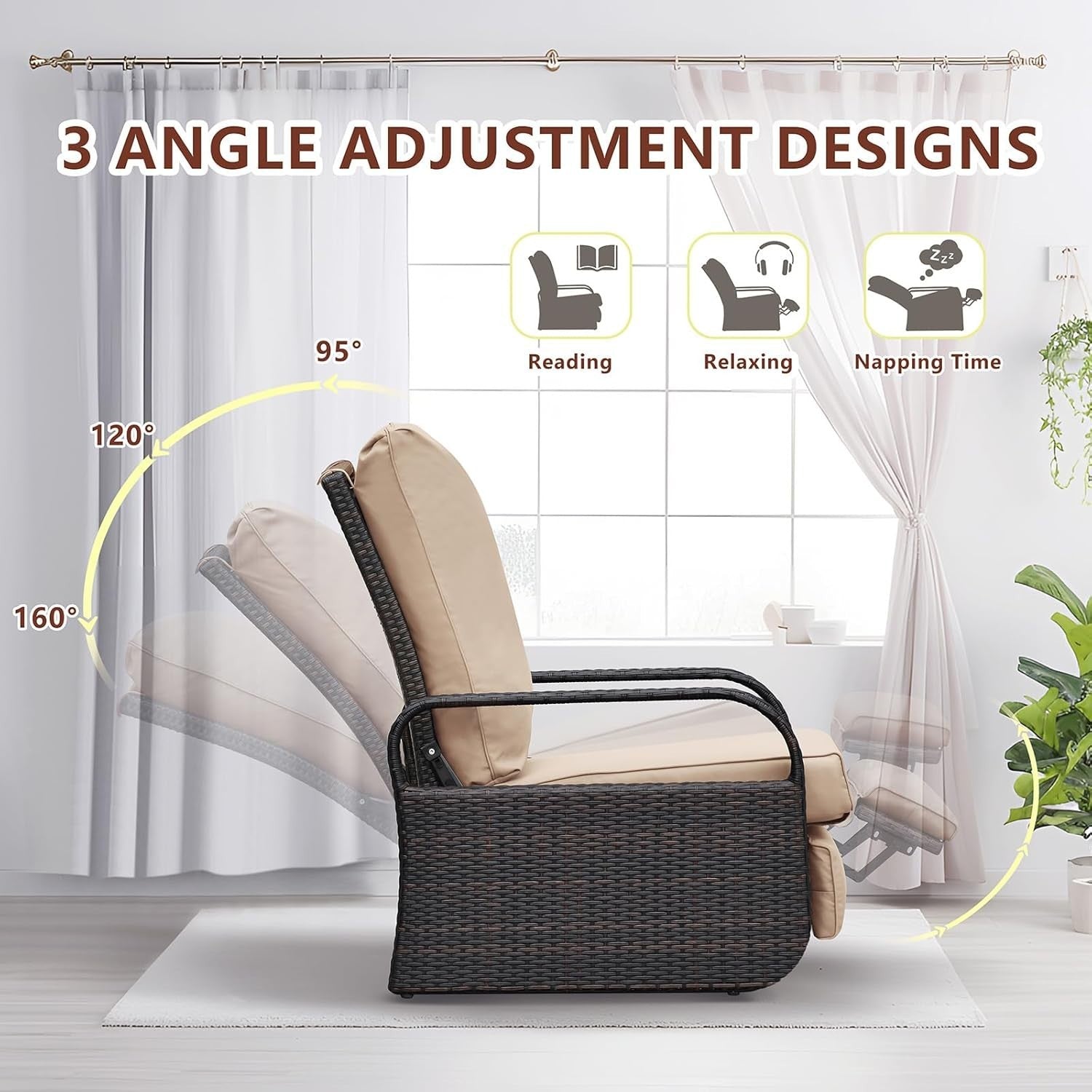 Outdoor Rattan Recliner Chair Adjustable Lounger w/ Thick Khaki Cushion