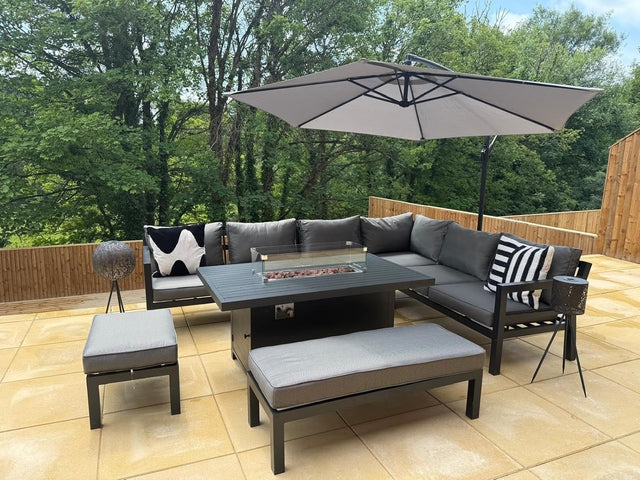 Corner Garden Sofa Set with Fire Pit Table Outdoor Aluminium Lounge Set