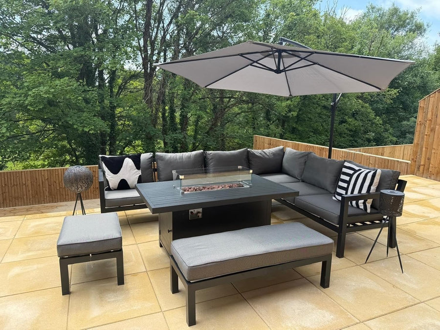 Corner Garden Sofa Set with Fire Pit Table Outdoor Aluminium Lounge Set