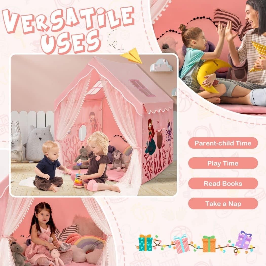 Pink Kids Castle Playhouse Tent Indoor Outdoor w Mat Windows Gift