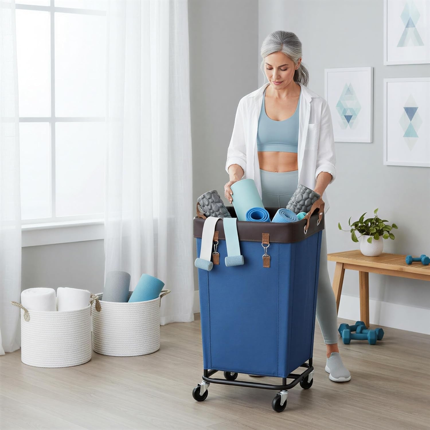 160L Heavy Duty Laundry Hamper with Wheels | Large Rolling Clothes Basket Blue