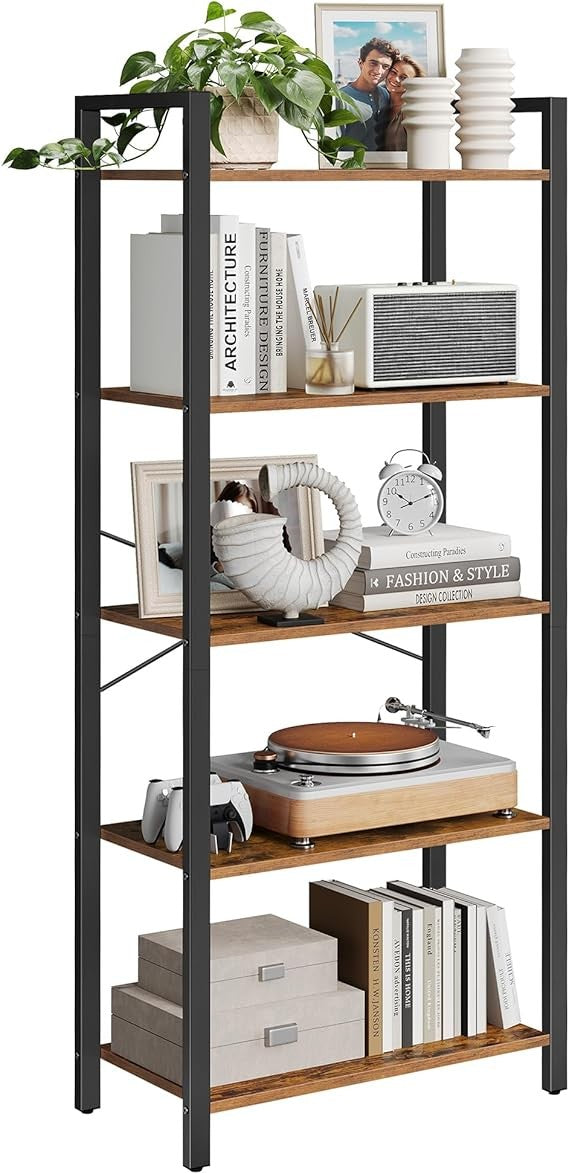 5-Tier Industrial Bookshelf Rustic Brown Metal Wood Storage Shelving Unit