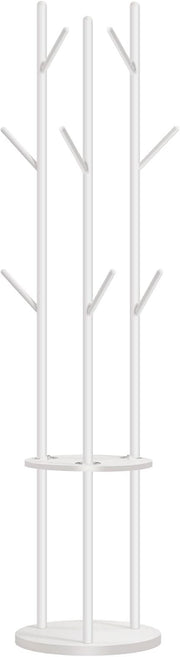 White Freestanding Coat Rack with 8 Hooks & Shelves | Modern Hall Tree Stand