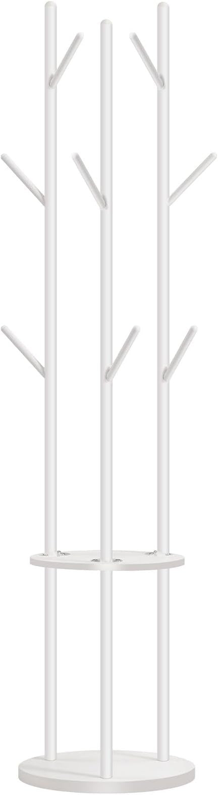 White Freestanding Coat Rack with 8 Hooks & Shelves | Modern Hall Tree Stand