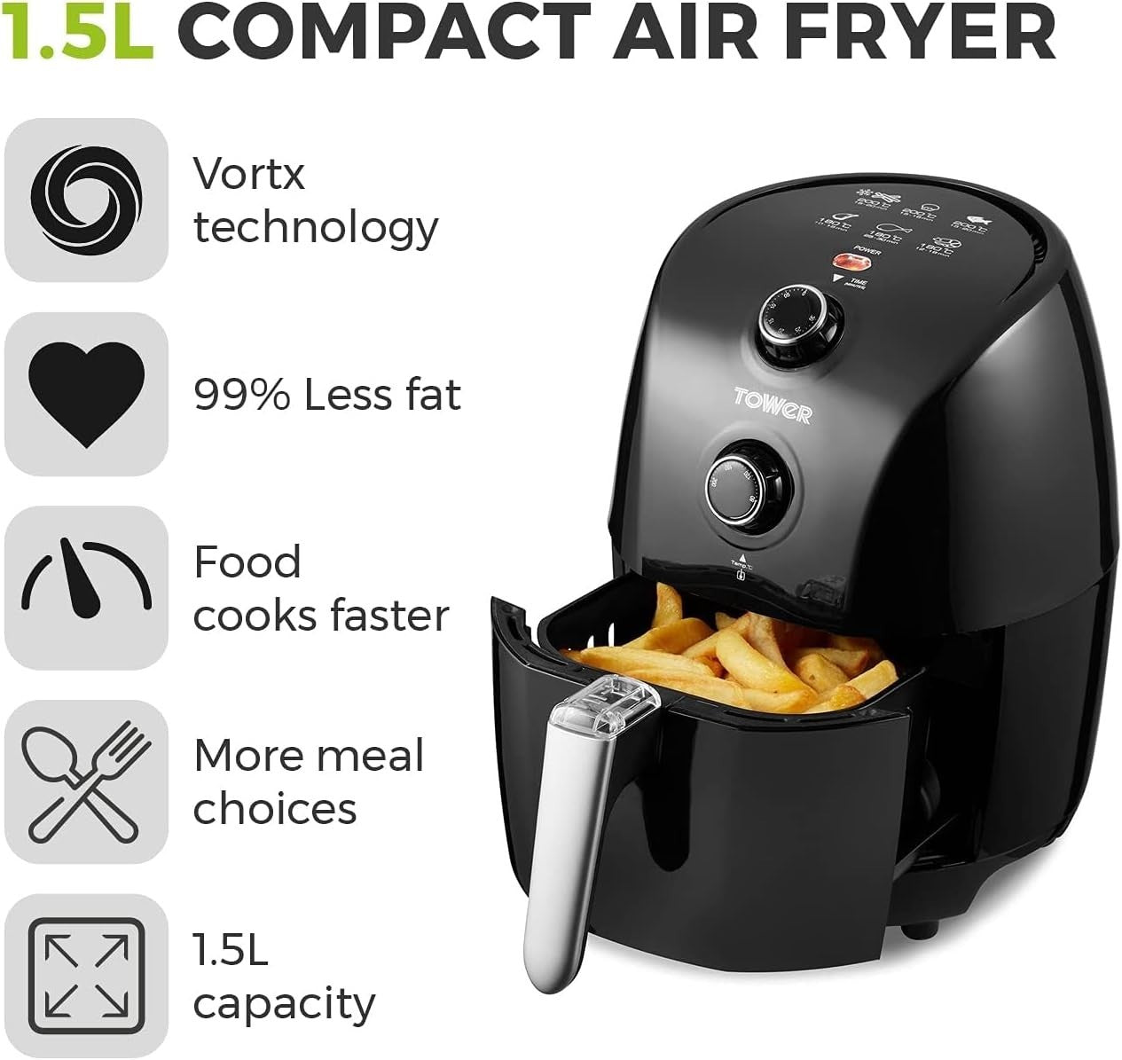 1.5L Compact Air Fryer Vortx Tech Fast Healthy Cooking 900W Roast Bake Grill