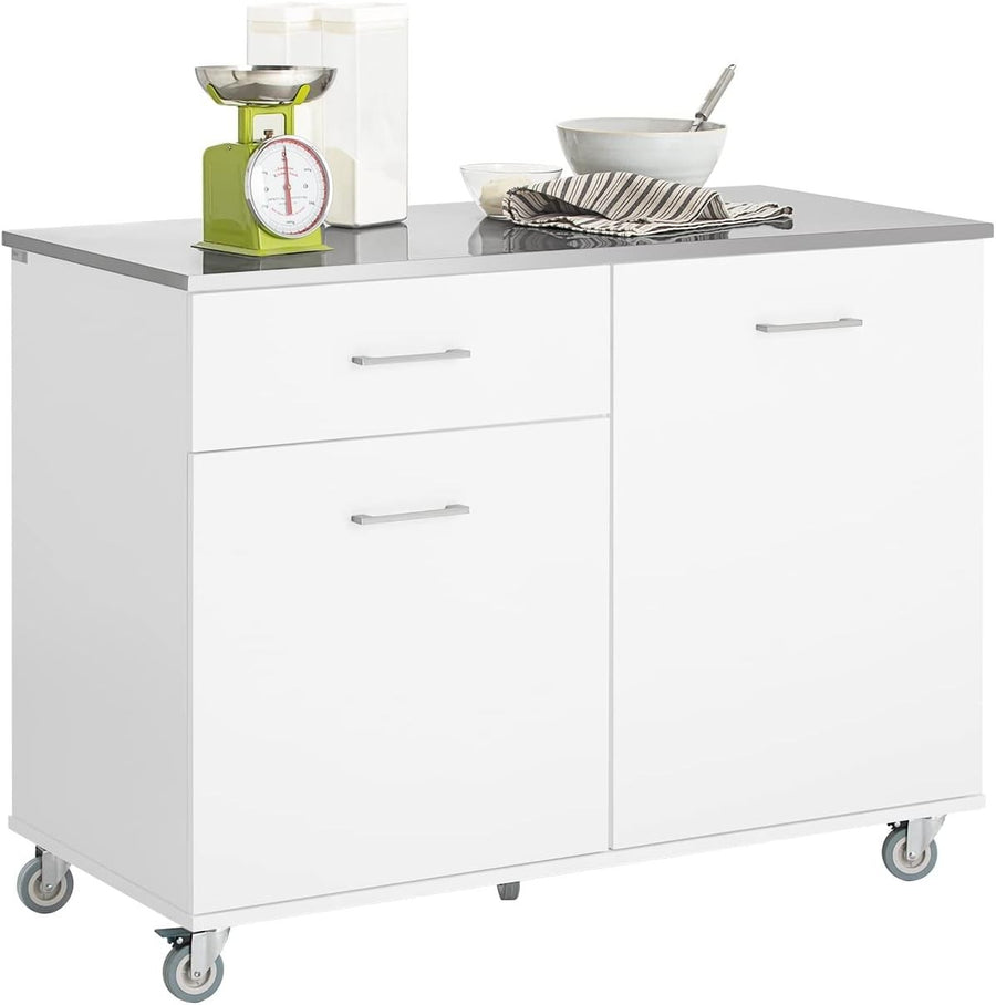 120cm White Rolling Kitchen Island Stainless Steel Top Cart