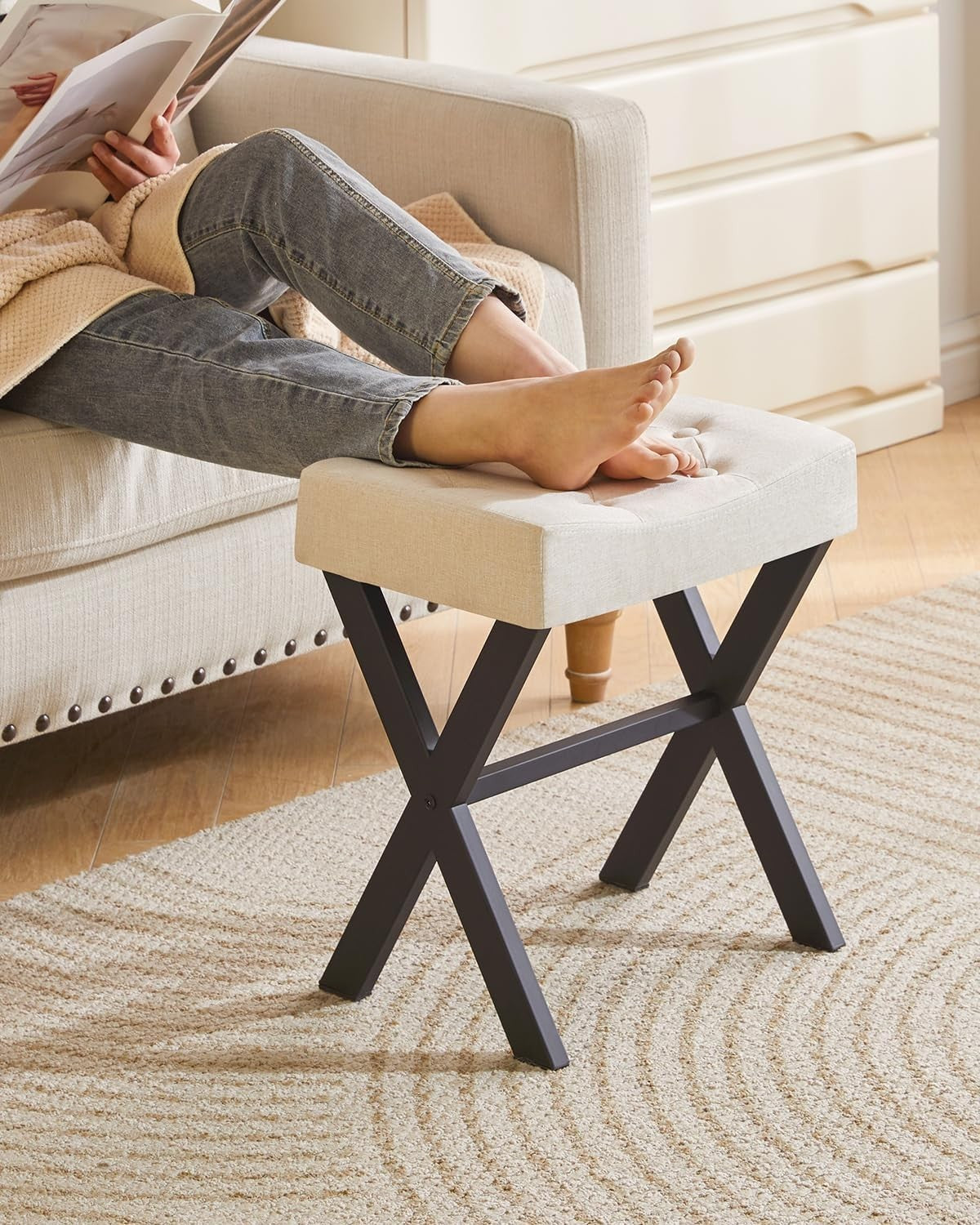 U-Shaped Linen Vanity Stool with X-Leg – Makeup Seat & Side Table