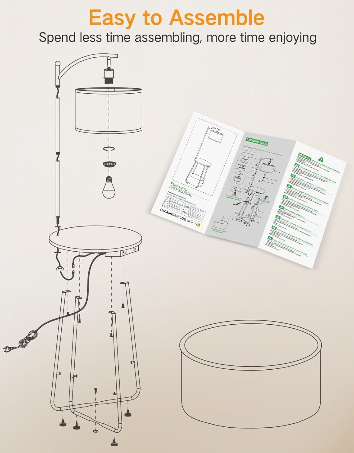 Floor Lamp with Table USB Charging Storage Basket 3 Colour Standing Light