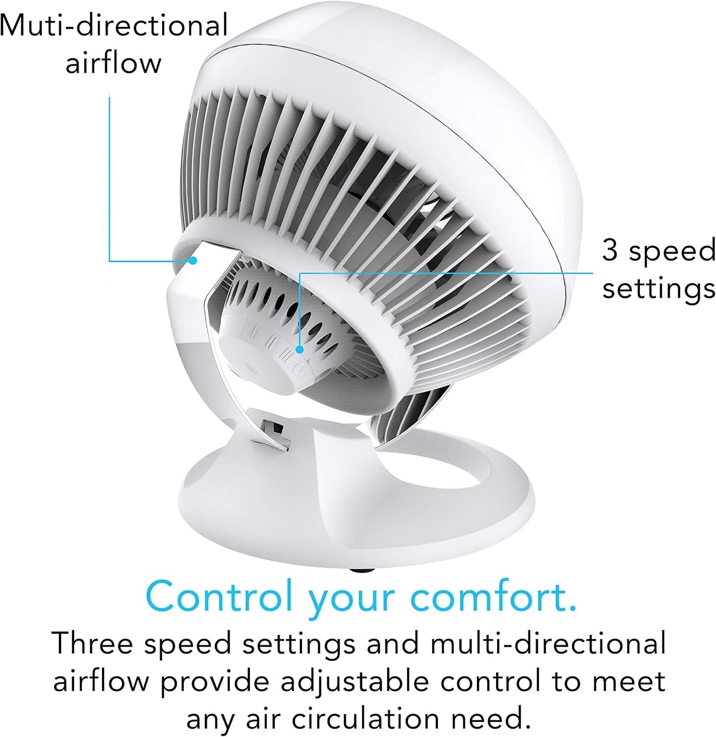 White Table Fan – Compact 3-Speed Whole Room Air Circulator for Bedroom Cooling
