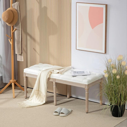 French Style End of Bed Bench Cream White Upholstered Tufted Seat 117cm