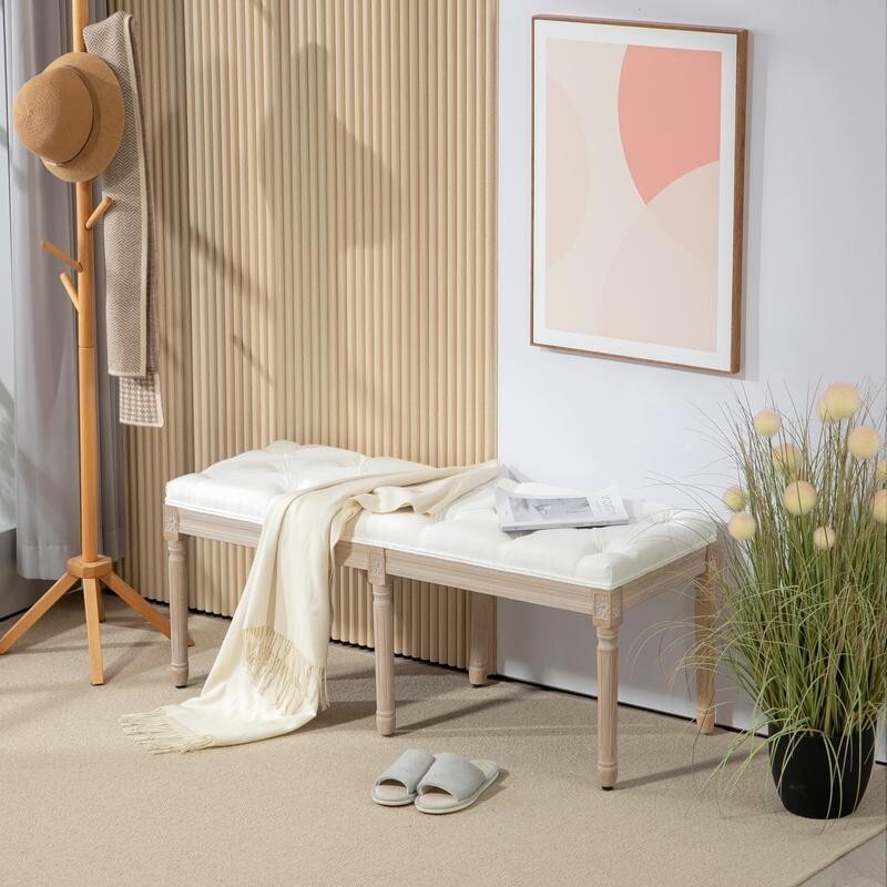 French Style End of Bed Bench Cream White Upholstered Tufted Seat 117cm