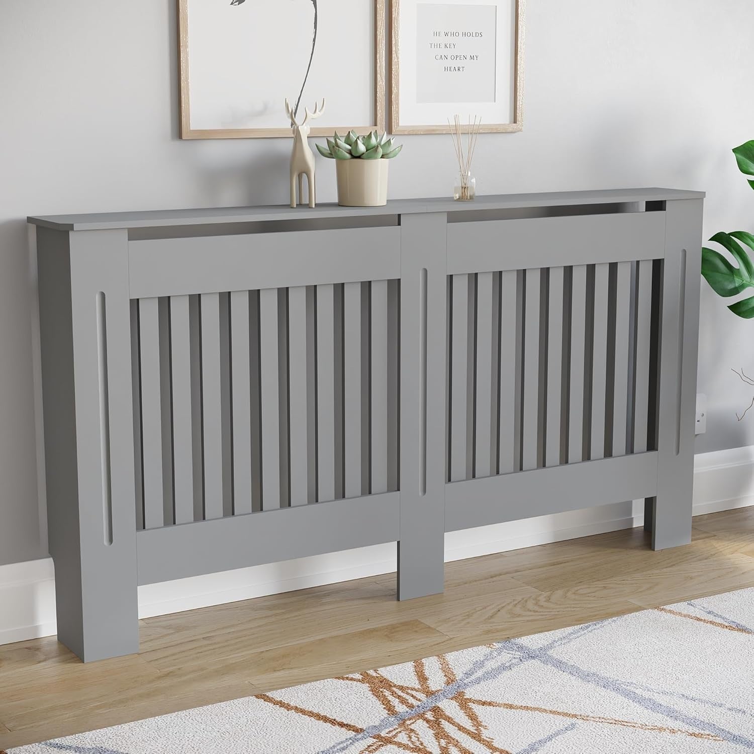 Large Olive Grey Radiator Cover | Modern Slatted MDF Heater Cabinet with Shelf