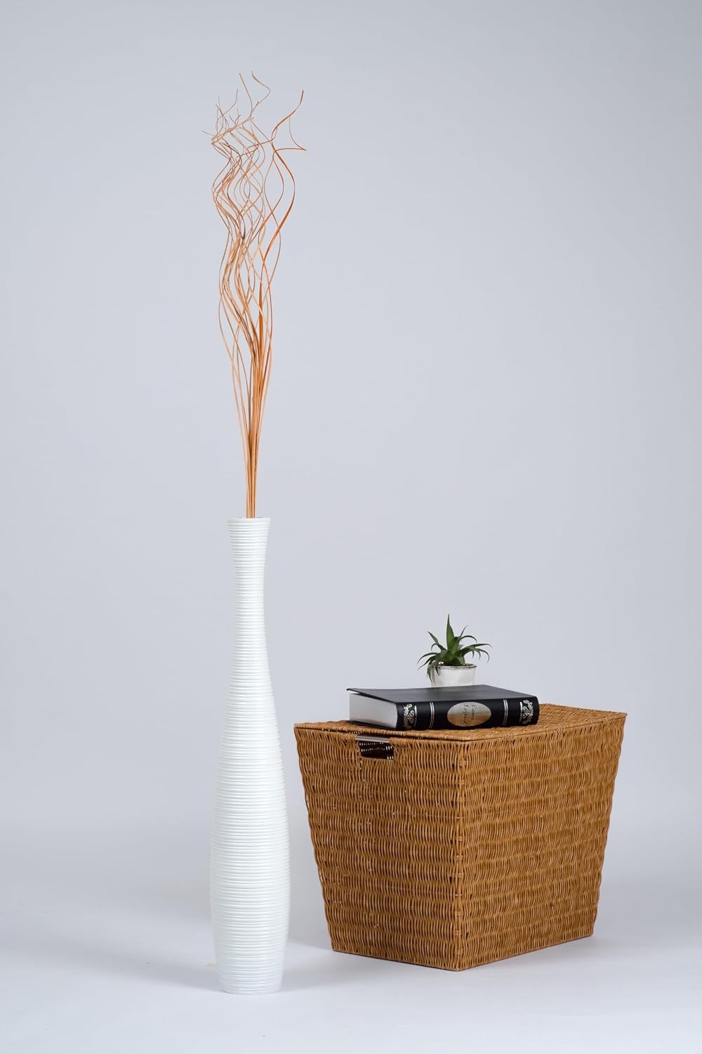Large White Curved Floor Vase 65cm Tall Wooden Decor for Pampas Grass