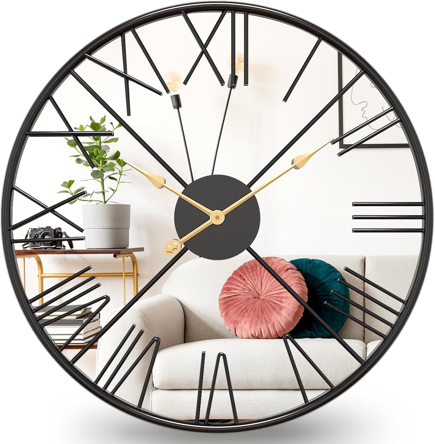 50cm Large Mirrored Wall Clock – Silent Roman Numeral Metal Modern Design