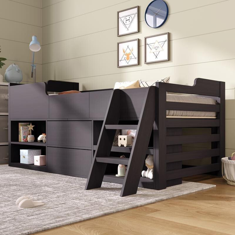 Kids Cabin Bed Mid Sleeper with Drawers Shelves Taupe 3FT Storage Wooden Frame
