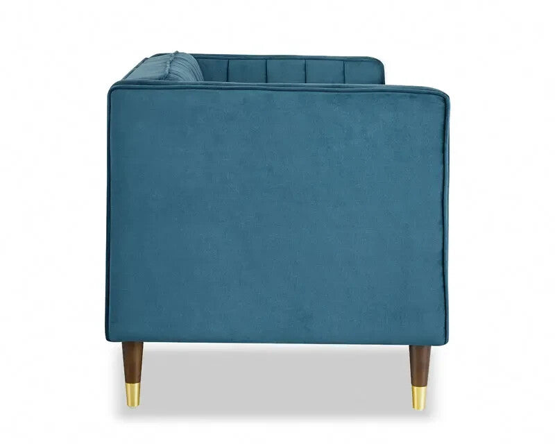 2 Seater Velvet Sofa Blue Ribbed Back Small Lounge Couch UK Certified