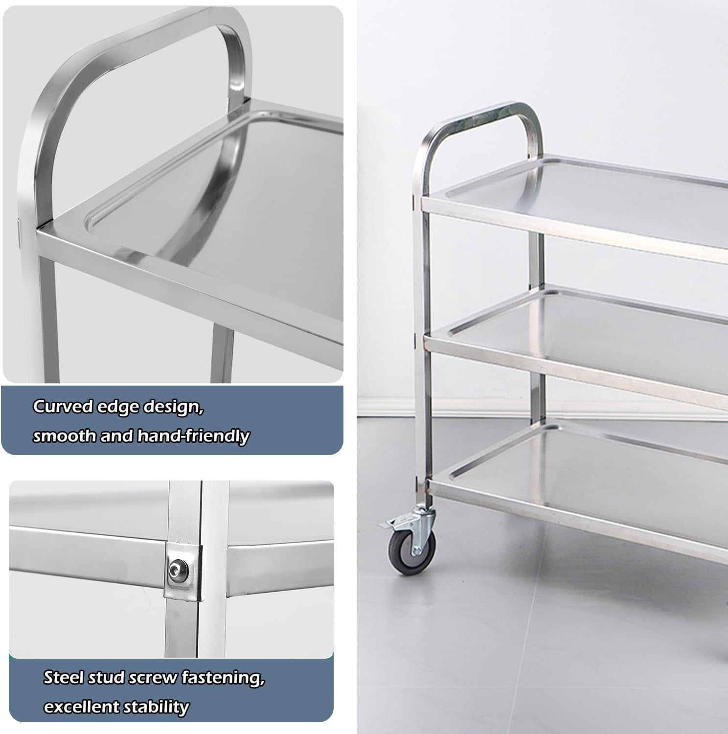 Stainless Steel Kitchen Trolley on Wheels 3 Tier Storage Cart Catering