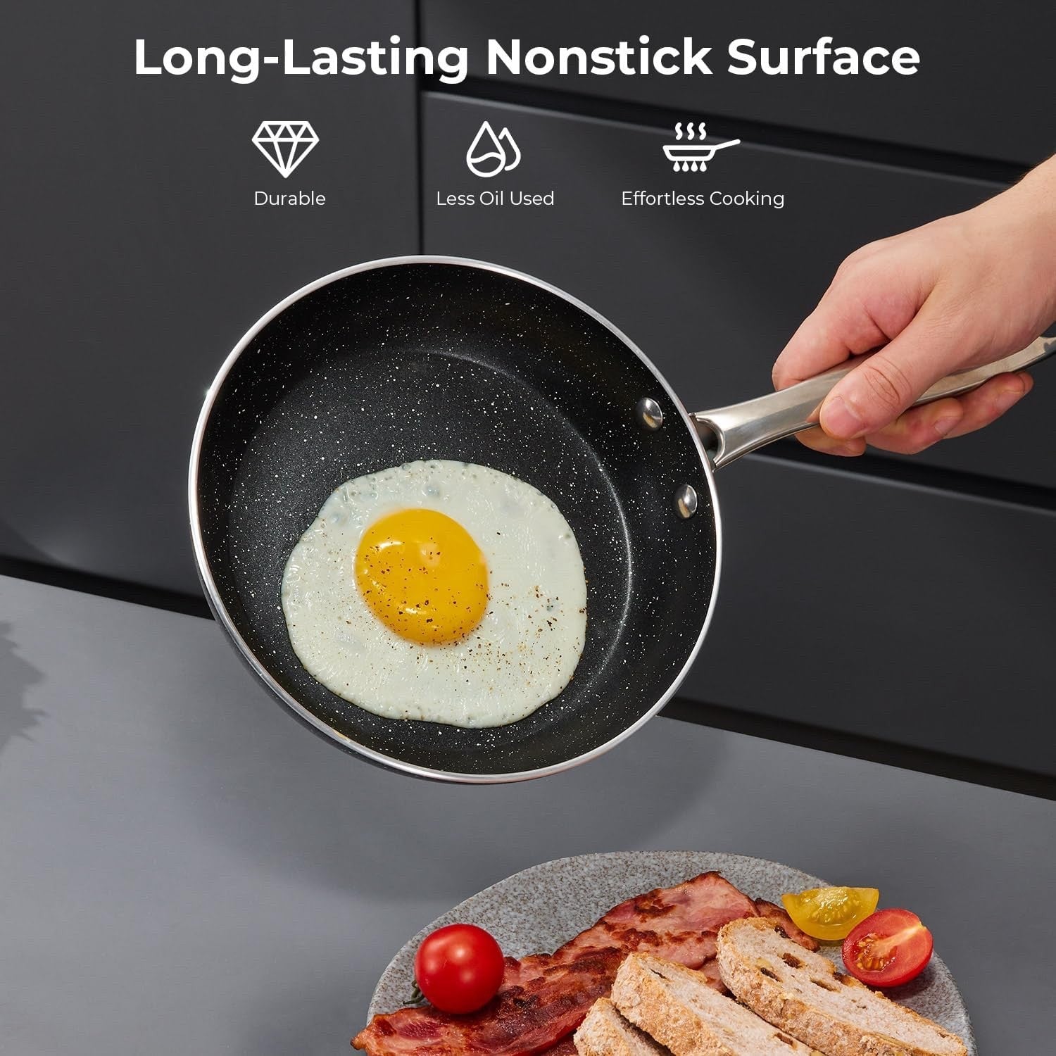 10pcs Black Non-Stick Cookware Set, Induction & Oven Safe Large Capacity Pans