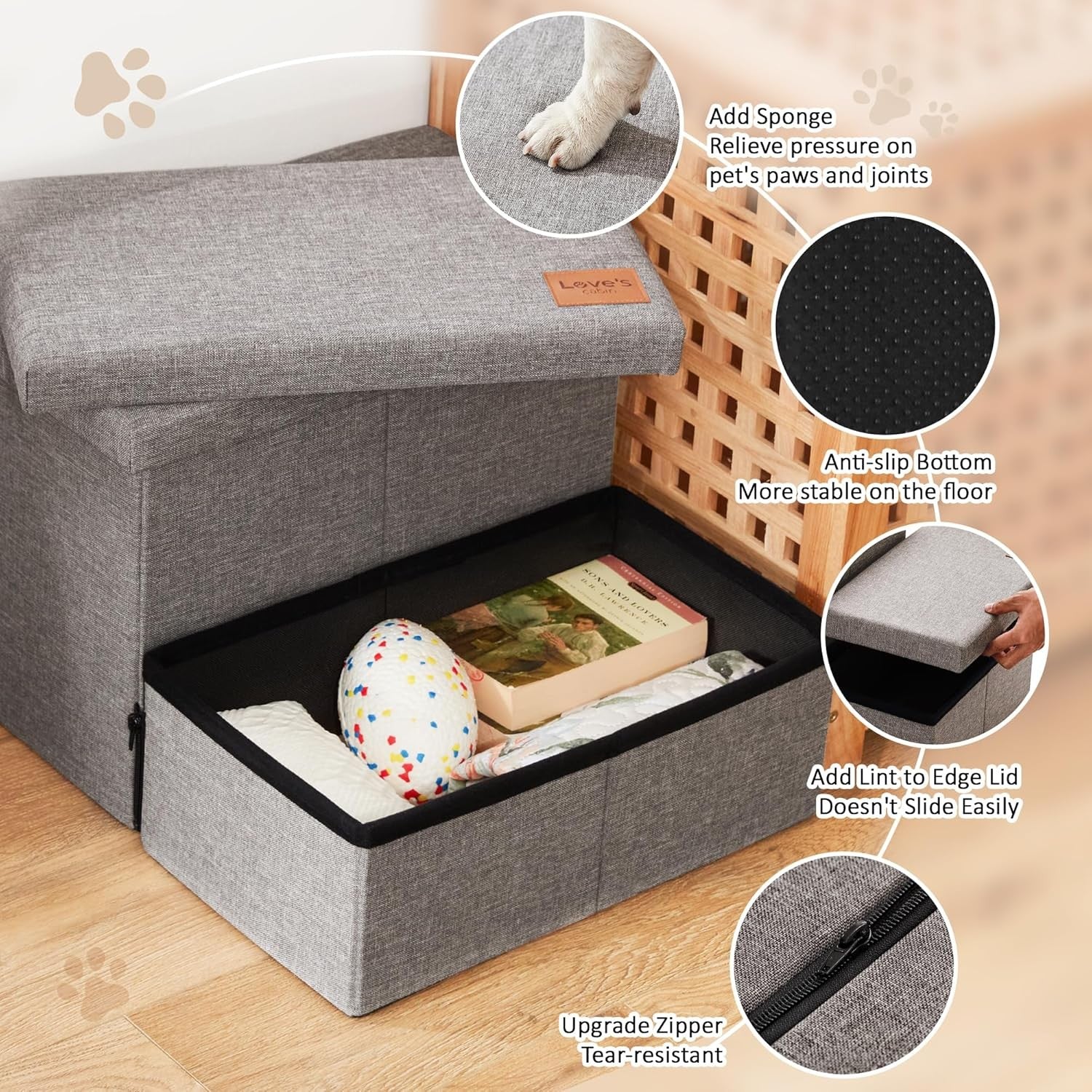 Dog Stairs with Storage 2 Step Foldable Pet Steps Ramp Grey 13" H