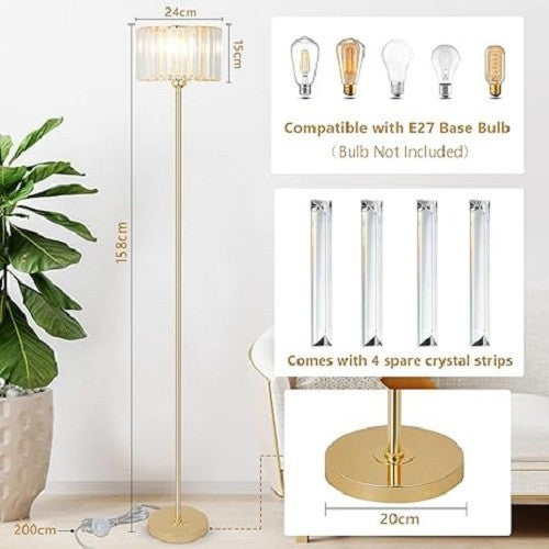 Gold Crystal Floor Lamp Glass Shade Tall Standing Light Living Room Bedroom