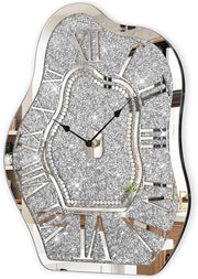 Irregular Crushed Diamond Mirror Wall Clock Silver Crystal Sparkle 40cm Decor