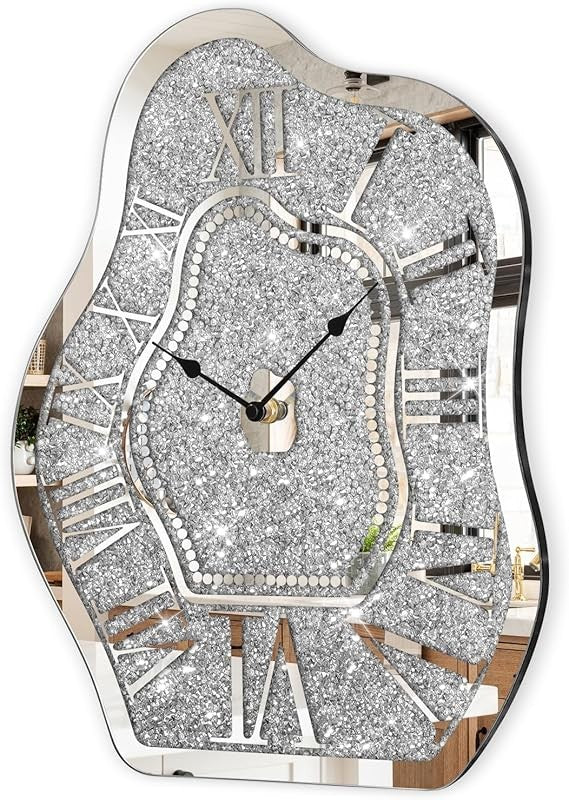 Irregular Crushed Diamond Mirror Wall Clock Silver Crystal Sparkle 40cm Decor