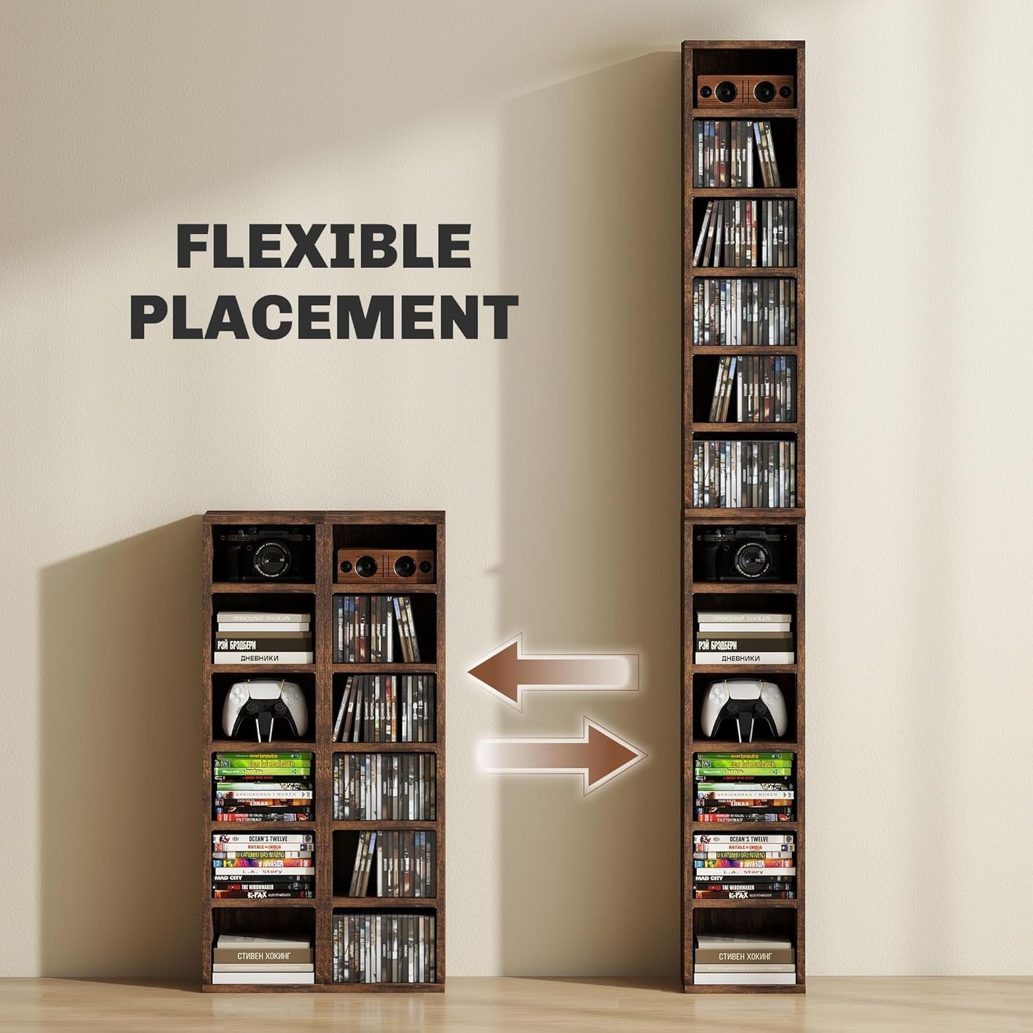 Set of 2 Rustic Brown Media Storage Towers – Adjustable CD DVD Blu-Ray Racks
