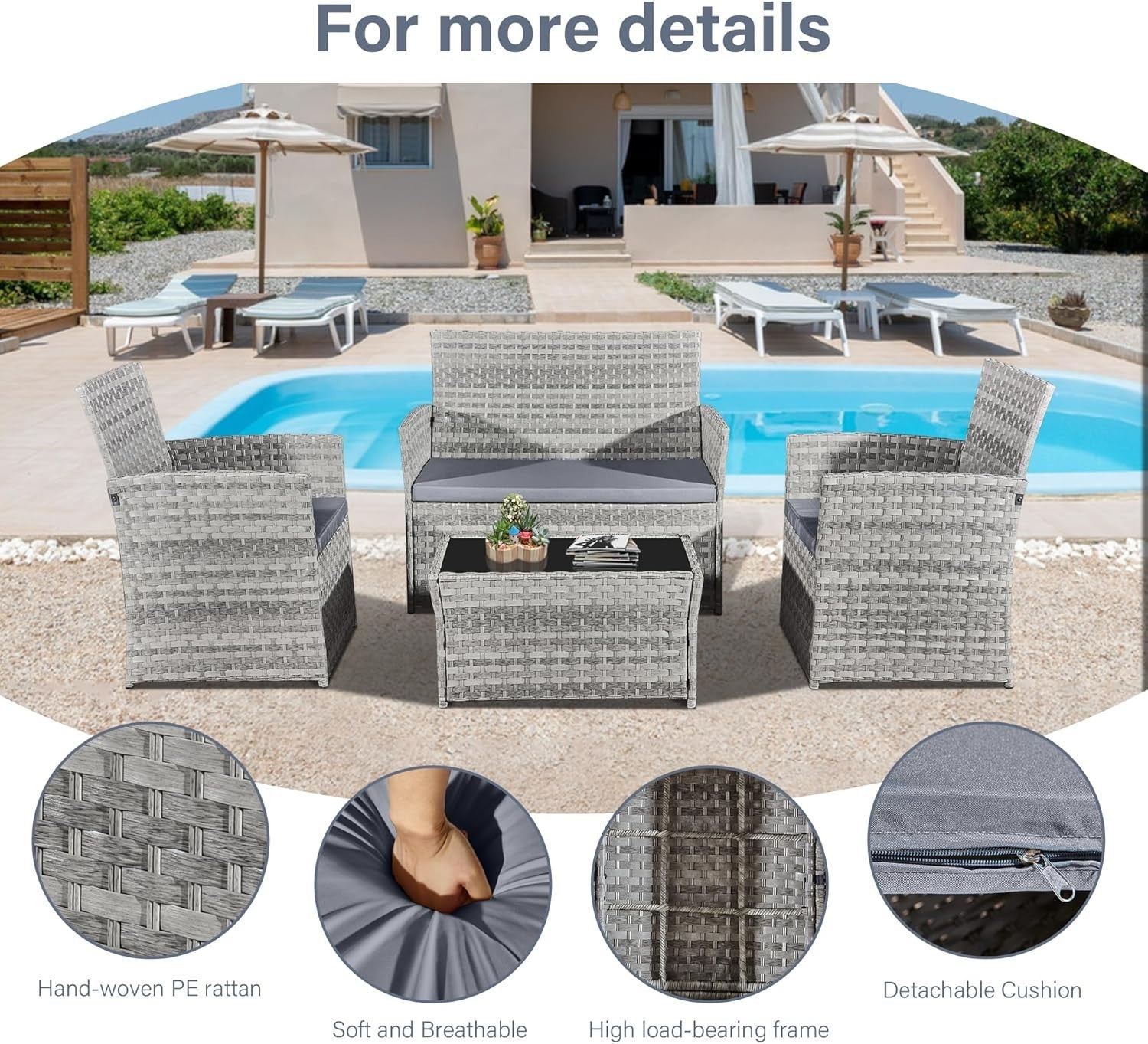 Grey Rattan Outdoor Patio Furniture Set - 4-Piece, Waterproof, Modern Design