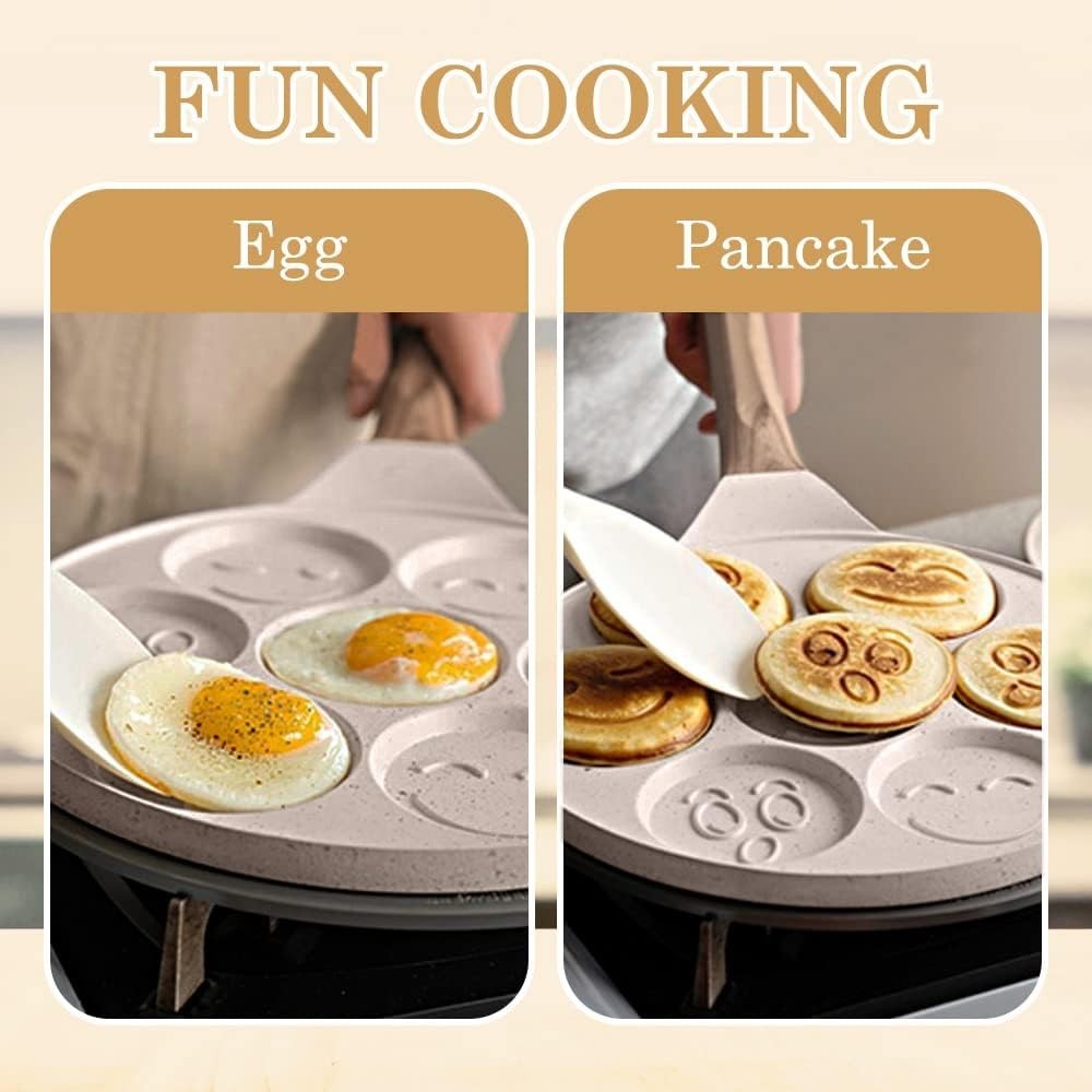 Smiley Face Pancake Pan 26cm White Non Stick 7 Hole Mini Pancake Maker Induction