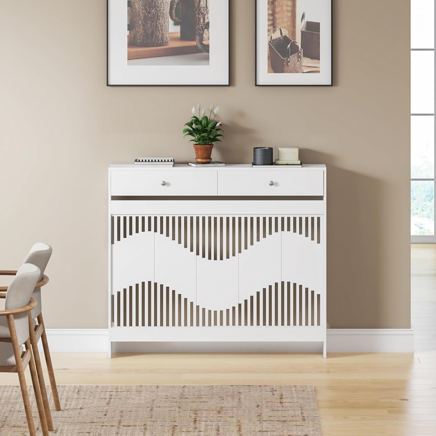 White Radiator Cover Cabinet with Drawers Modern MDF Storage Shelf, Medium