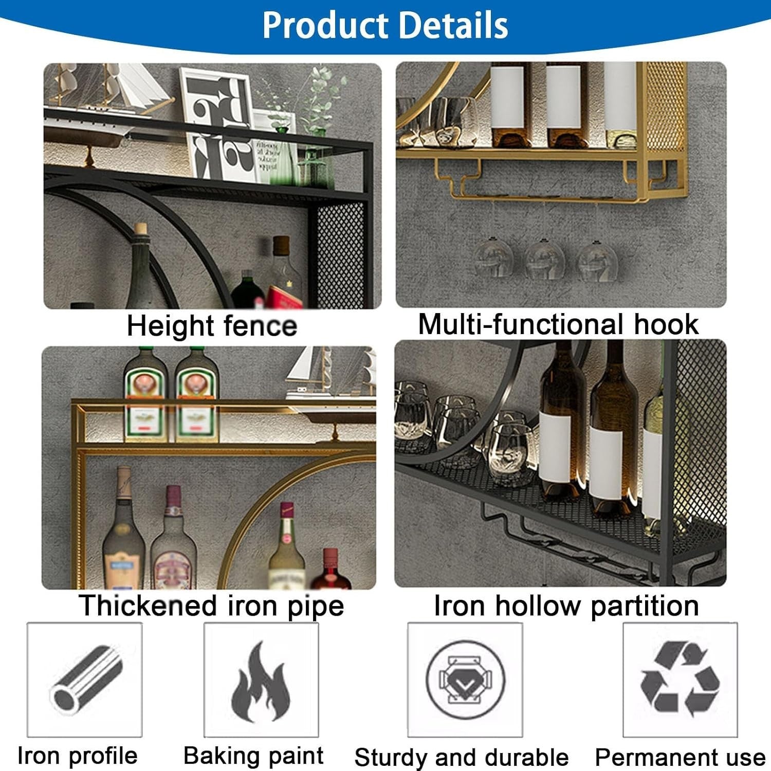 Gold Wall Mounted Wine Rack 120cm Bar Shelf with Glass Holders & Bottle Storage