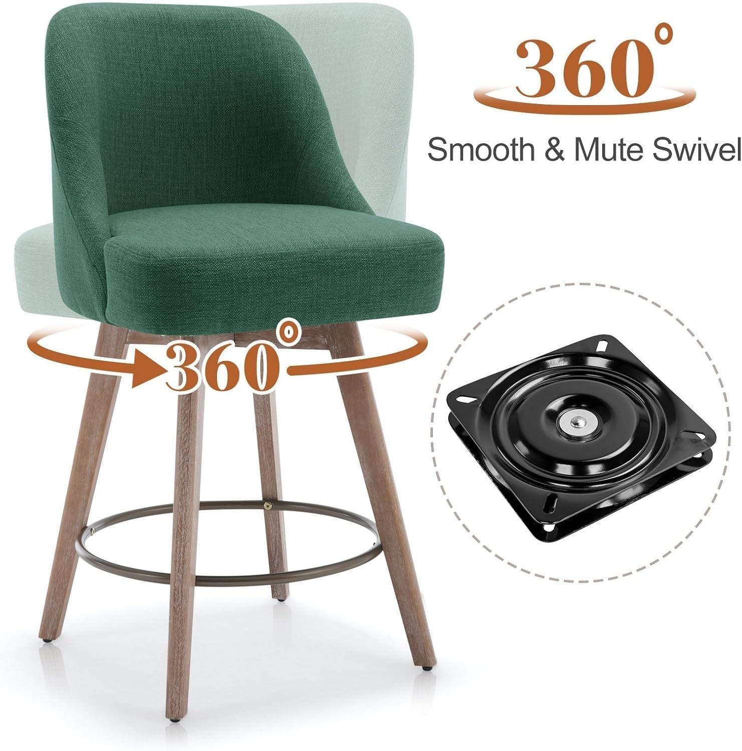 2PCS Linen Green Swivel Bar Stools 65cm Seat Height L-Shaped Wood Legs