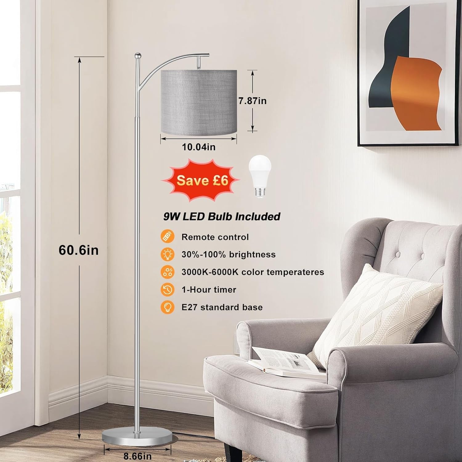 Modern Arc Floor Lamp Dimmable LED Remote Control Living Room